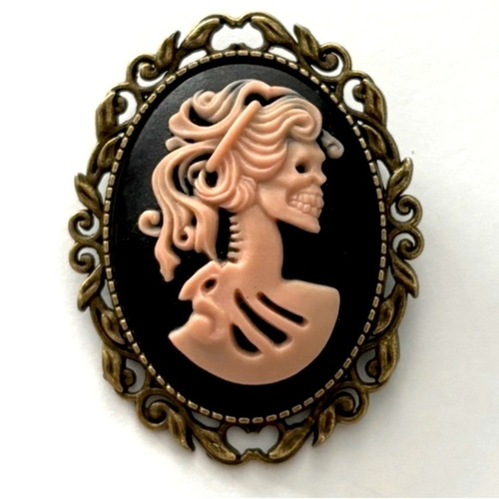 Black and Pink Skeleton Lady Cameo Brooch, Handmade, NWT, Unworn, Halloween